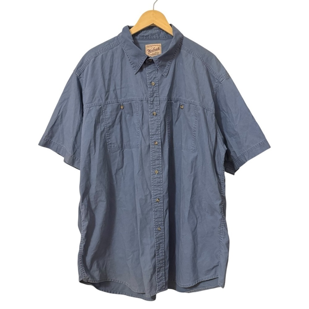 Vintage Woolrich Short Sleeve Button Up Shirt Men’s 2XL Blue Cotton Camp Outdoor